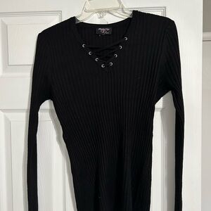 Black Lace-Up Ribbed Long Sleeve Top